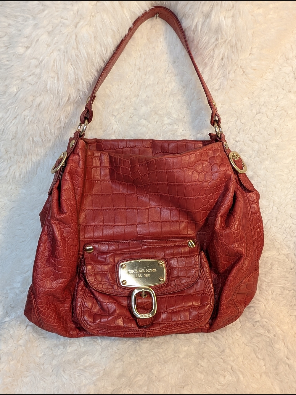 Michael Kors Red Croc-Embossed Shoulder Bag with Gold Hardware